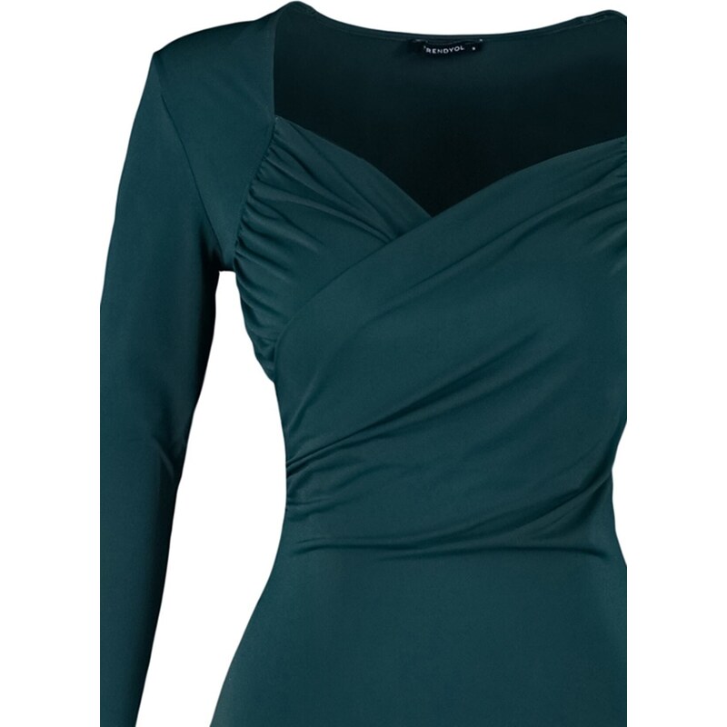 Trendyol Emerald Green Waistband Draped Detail Fitted/Situated Elastic Snaps Knitted Bodysuit