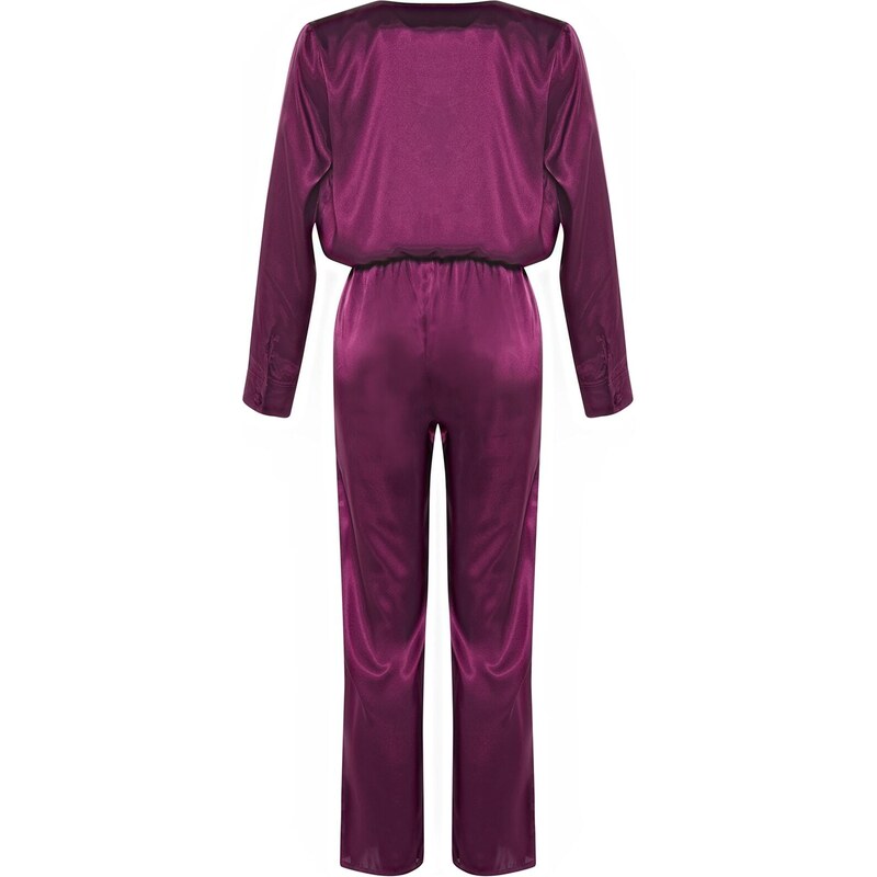 Trendyol Purple Double Breasted Collar Waist Detailed Satin Woven Pajamas Set