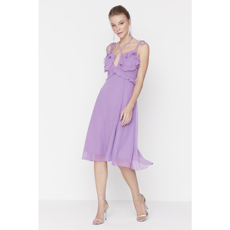 Trendyol Lilac Volánkové Detailní večerní šaty