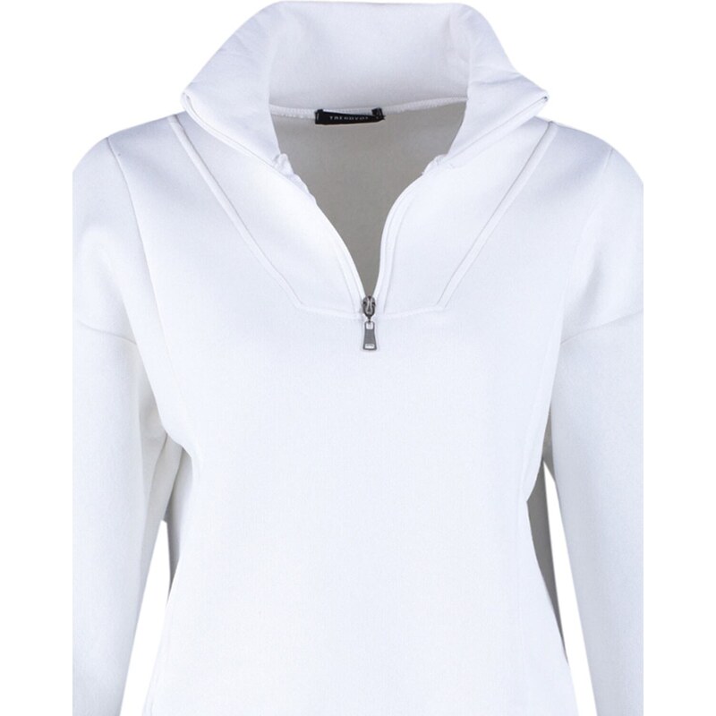 Trendyol Ecru Oversize/Wide Fit Zippered Stand-Up Collar Fleece Inner Knitted Sweatshirt