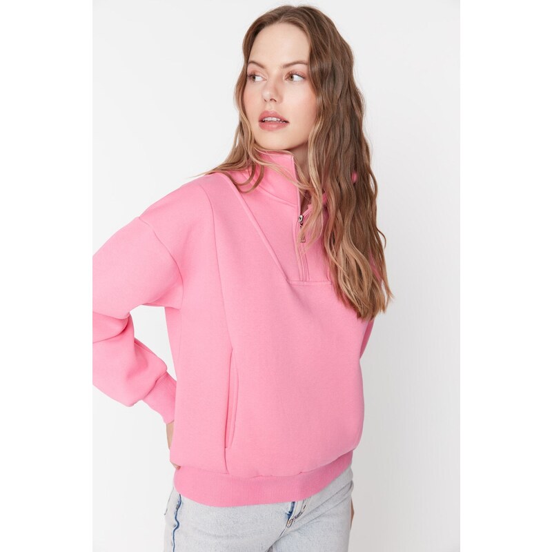 Trendyol Pink Oversize/Wide Zipper High Neck Thick Fleece Knitted Sweatshirt