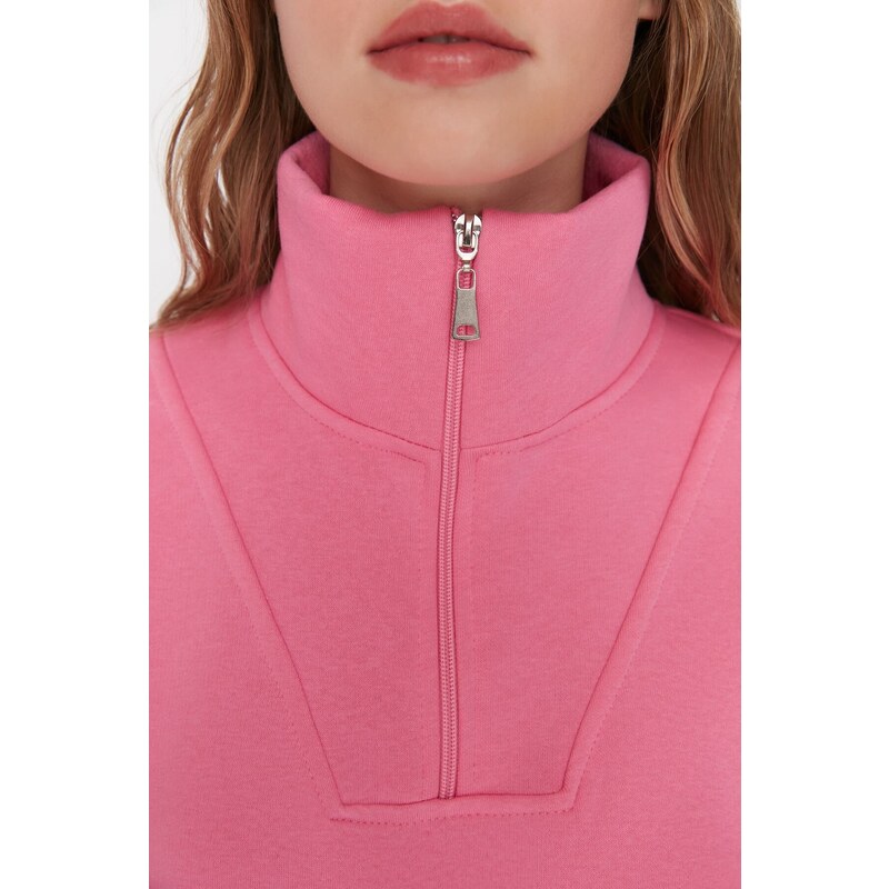 Trendyol Pink Oversize/Wide Zipper High Neck Thick Fleece Knitted Sweatshirt