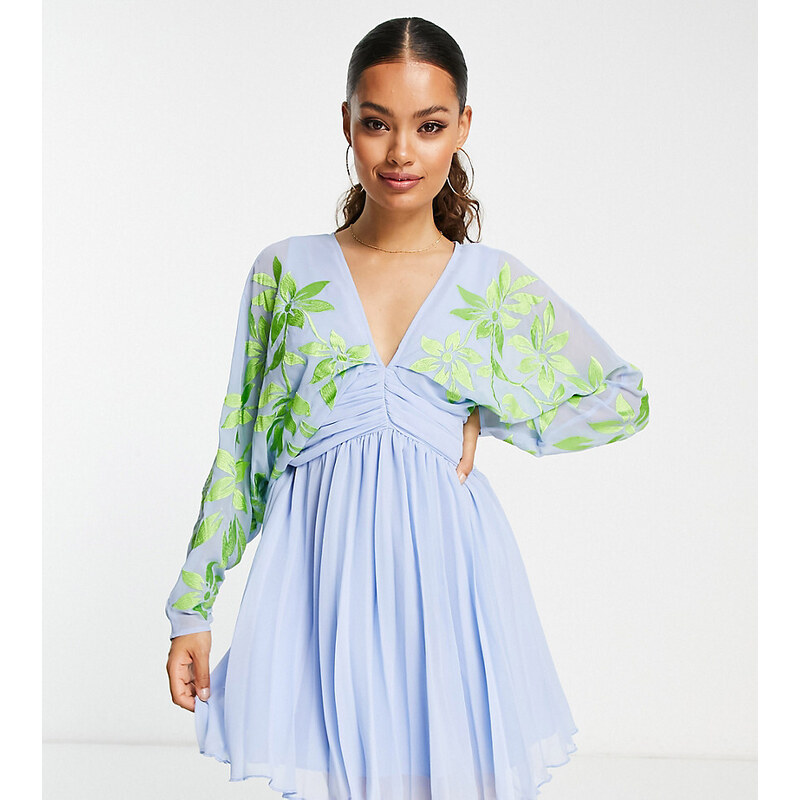 ASOS Petite ASOS DESIGN Petite batwing pleated mini dress in blue with 100040317