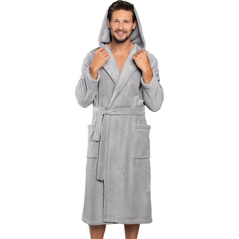 Pánský župan Italian Fashion Mimas šedý s kapucí