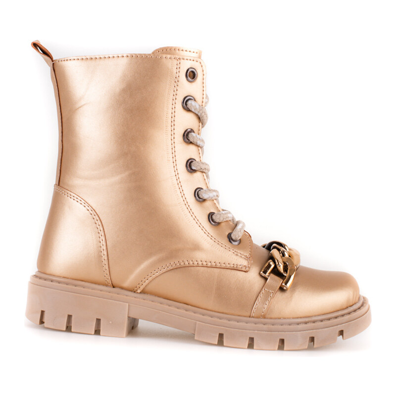 Gold girls' leather ankle boots with Shelovet chain