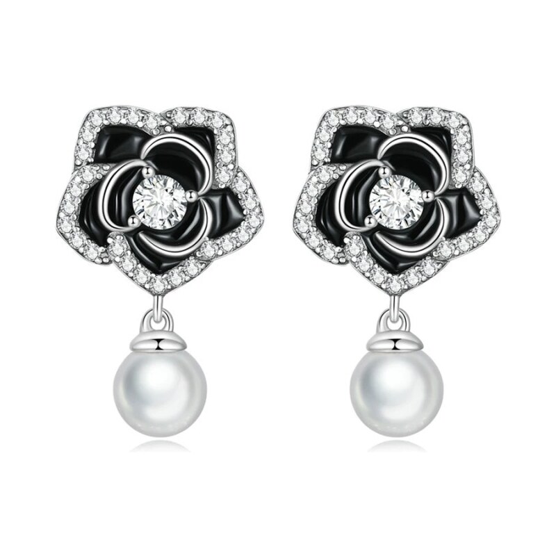 GRACE Silver Jewellery Stříbrné náušnice s perlou Kamélie - stříbro 925/1000