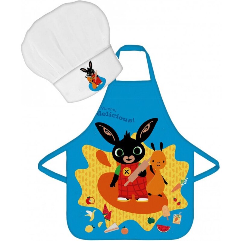 BrandMac Dětská / chlapecká zástěra s kuchařskou čepicí Zajíček Bing - motiv Yummy delicious! - 2 díly