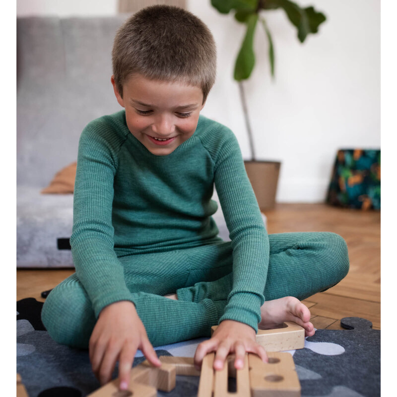 Crawler Merino žebro tričko dlouhý rukáv stojáček dětské Olivová