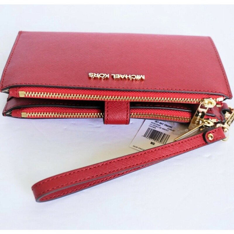 Michael Kors Jet Set Double Zip Phone Wallet Wristlet Scarlet Flame