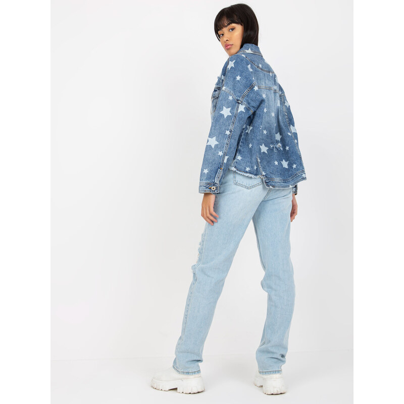 Fashionhunters Dámská modrá džínová bunda s potiskem a dírkami