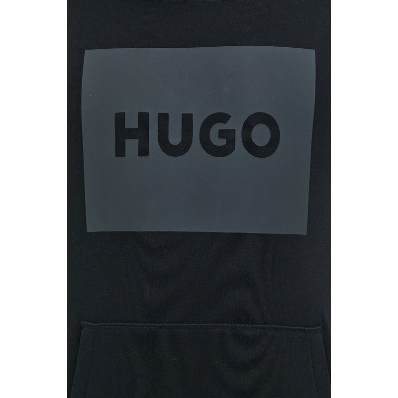 Bavlněná mikina HUGO pánská, černá barva, s kapucí, s potiskem