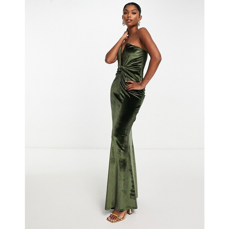 ASOS DESIGN front knot plunge v wire velvet maxi dress in olive-Green 100044187