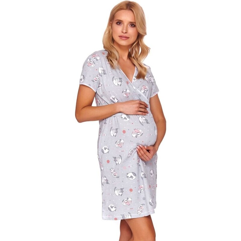 DN Nightwear Mateřská noční košile Kate s kočkami šedá