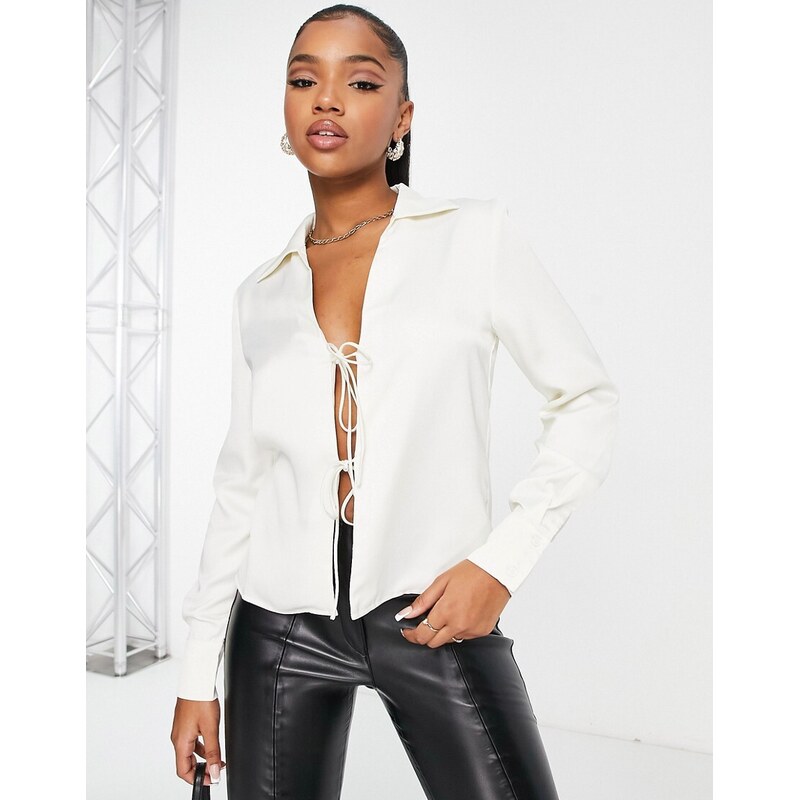 Urban Revivo satin tie front blouse in off white 115379521