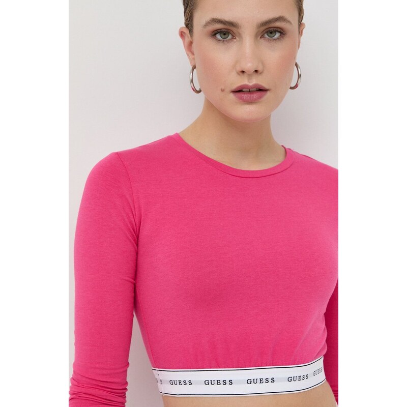 Tričko s dlouhým rukávem Guess CARRIE růžová barva, O2BM10 KBBU1