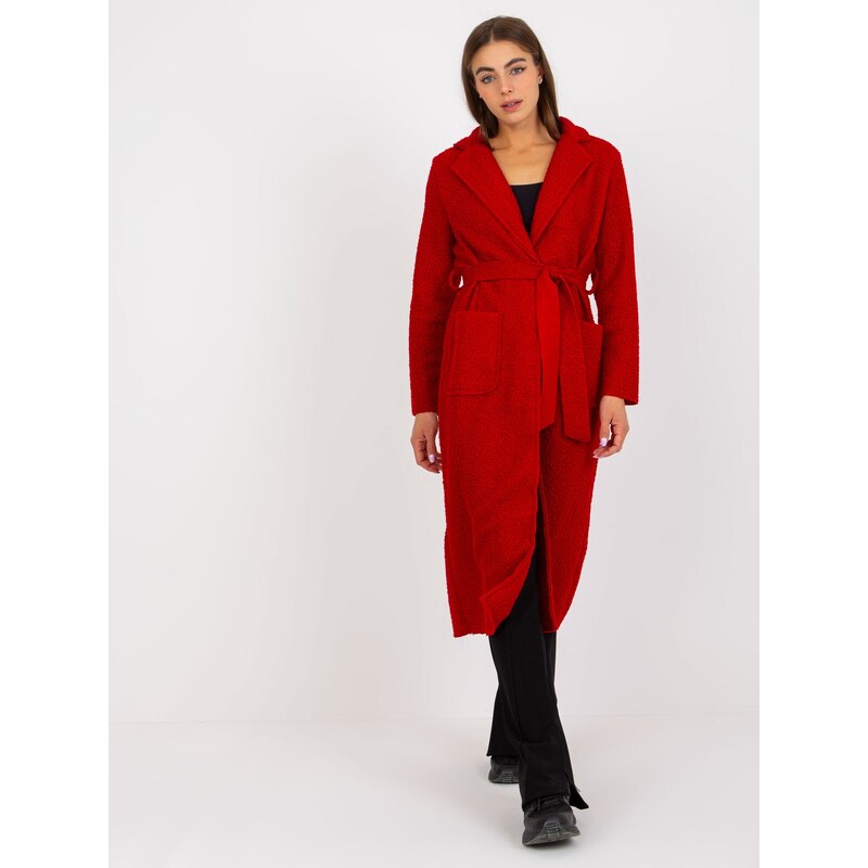 Fashionhunters Merve OH BELLA červený plyšový maxi kabát s páskem