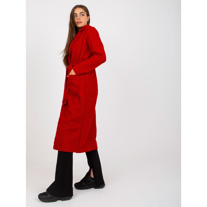 Fashionhunters Merve OH BELLA červený plyšový maxi kabát s páskem