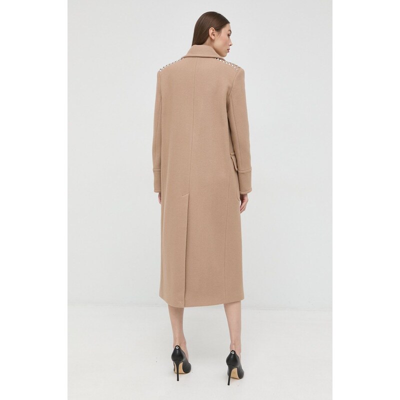 Vlněný kabát Pinko dámský, béžová barva, přechodný, dvouřadový