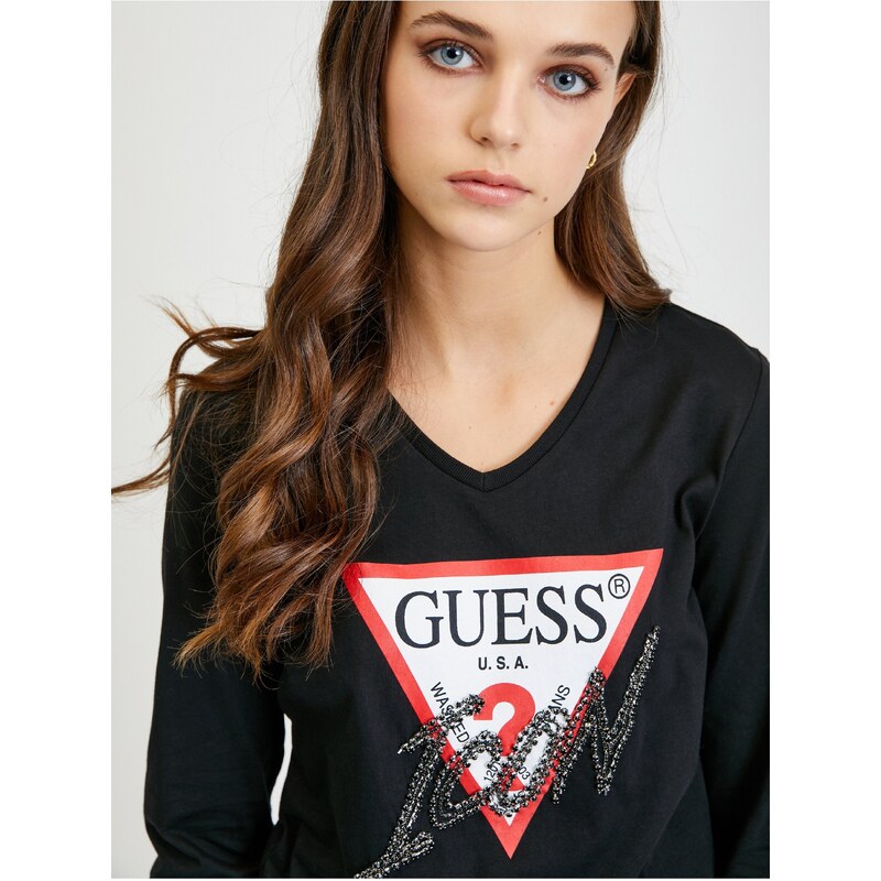Černé dámské tričko s dlouhým rukávem Guess Icon - Dámské