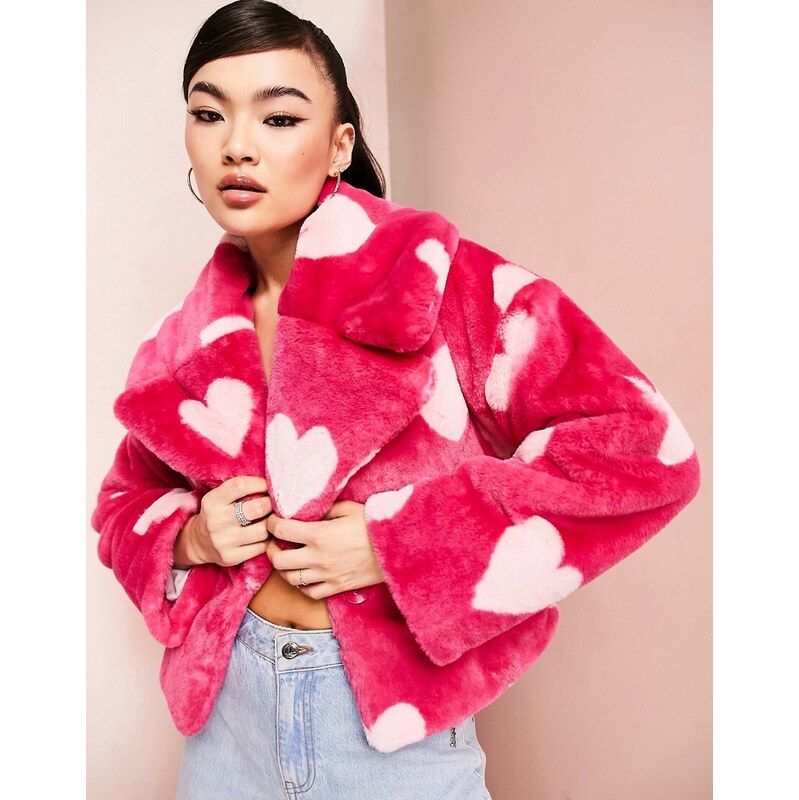 ASOS LUXE fitted short faux fur coat in pink hearts 115376936