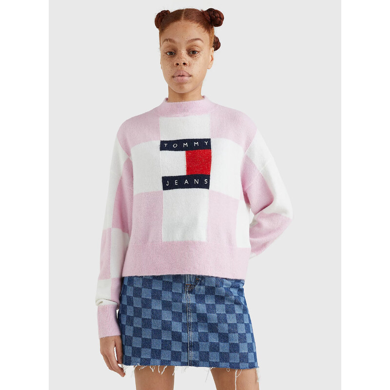 Tommy Jeans dámský růžovo-bílý svetr CHECKER FLAG