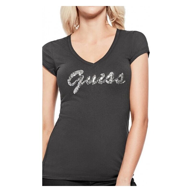 GUESS tričko Ceelie Sequin Logo V-Neck Tee černé XS Černá