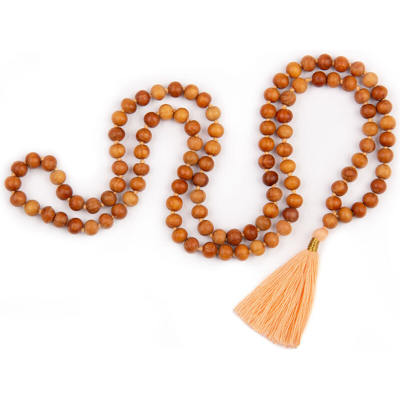 Bodhi Yoga Bodhi Mala náhrdelník s vůní santalového dřeva s barevným střapcem, 108 korálků