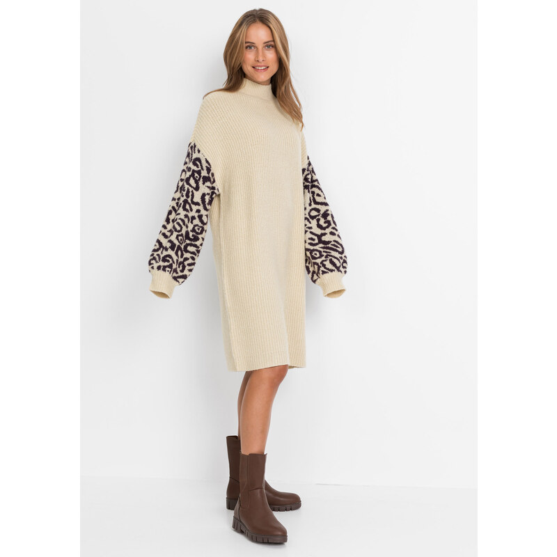 bonprix Pletené oversized šaty s leopardím vzorem béžová Žena 74688498