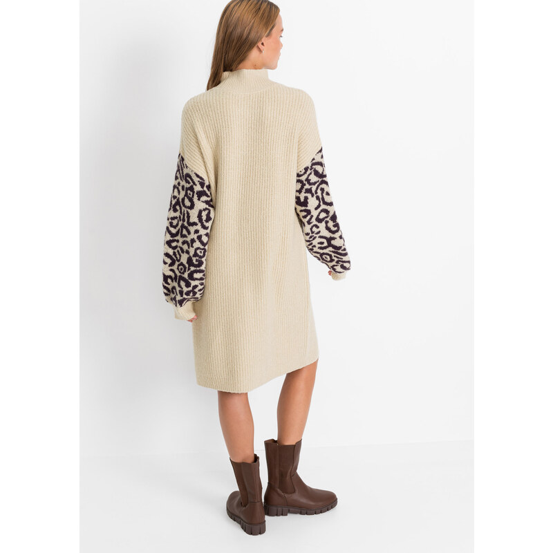 bonprix Pletené šaty s leopardím vzorem Béžová