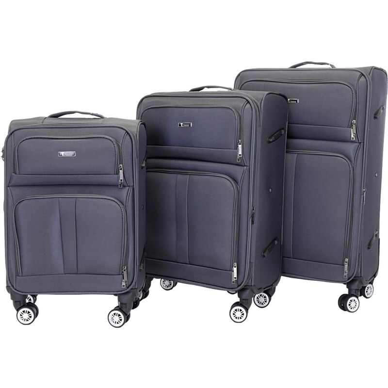 Sada 3 cestovních kufrů T-class 932, šedá, TEXTIL, M, L, XL, rozšiřitelné, 35l, 70l, 95l