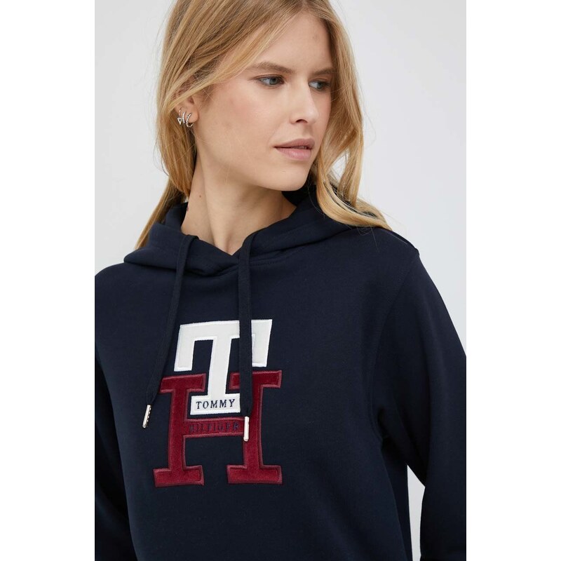 Bavlněná mikina Tommy Hilfiger dámská, tmavomodrá barva, s kapucí, s aplikací