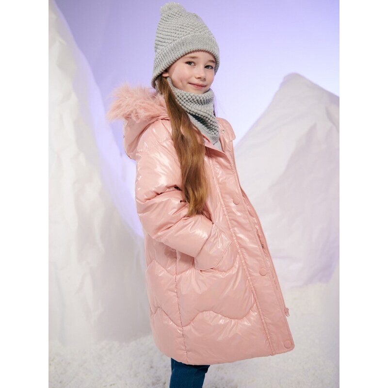 Sinsay - Dlouhý prošívaný kabát s kapucí - pastelová růžová