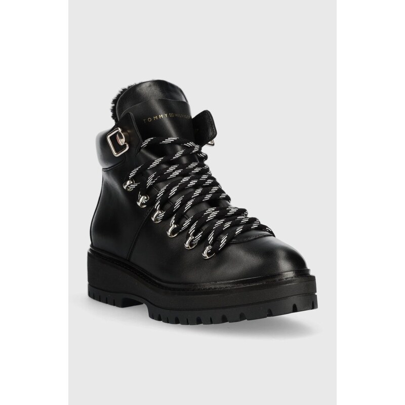 Nízké kozačky Tommy Hilfiger Leather Outdoor Flat Boot dámské, černá barva, na platformě, lehce zateplené