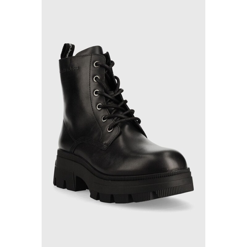 Kožené workery Calvin Klein Jeans Chunky Combat Laceup Boot dámské, černá barva, na plochém podpatku