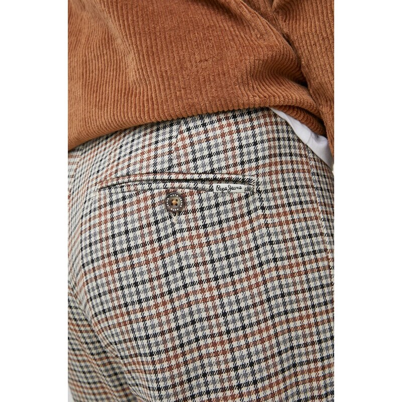 Kalhoty s příměsí vlny Pepe Jeans Castle Check pánské, hnědá barva