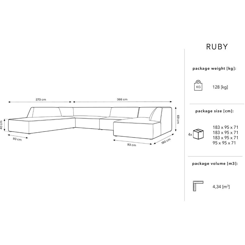 Černá sametová rohová pohovka MICADONI Ruby II. 366 cm, levá