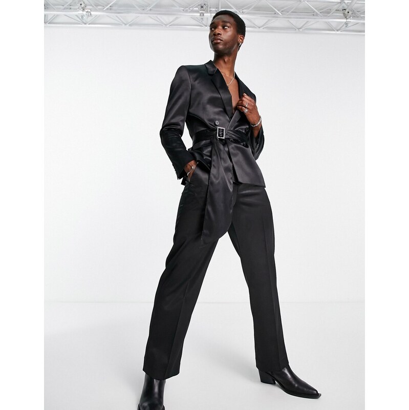 ASOS DESIGN wide leg suit trousers in black satin