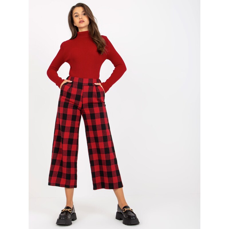 Fashionhunters Černočervené široké kostkované culotte kalhoty