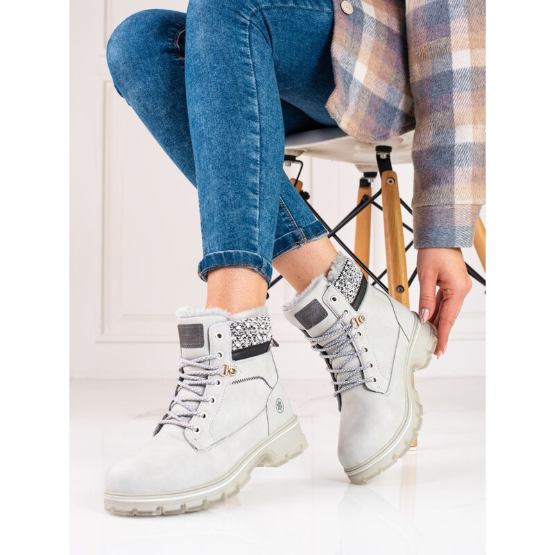 Trendy kotníčkové boty dámské šedo-stříbrné na plochém podpatku