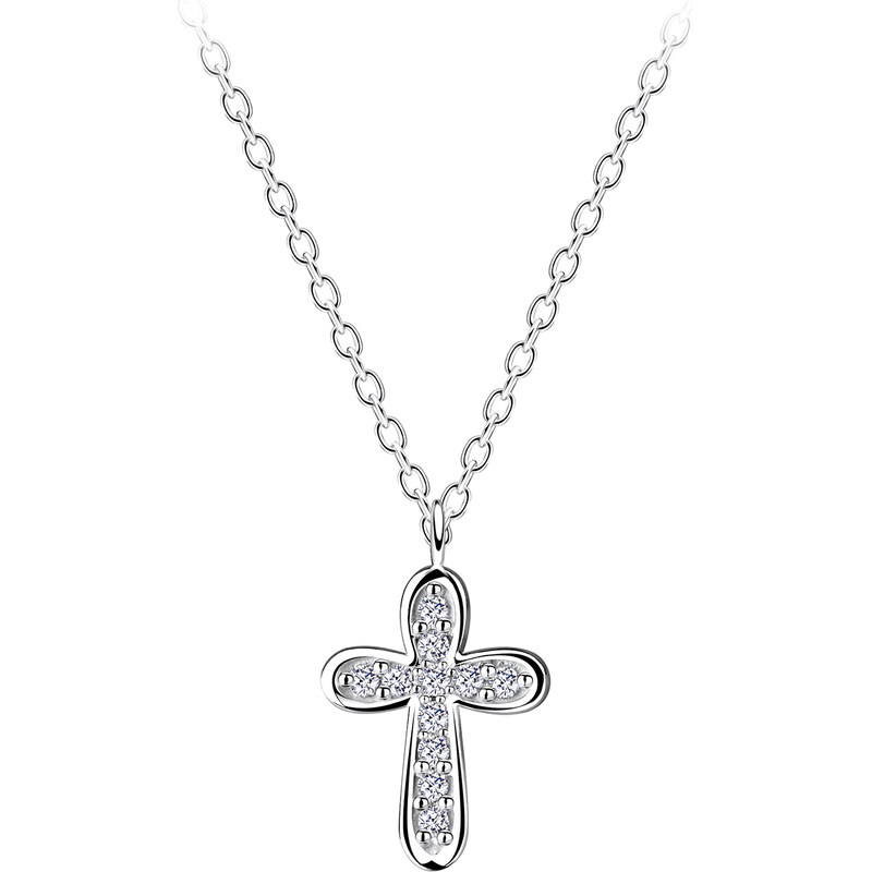 Flor de Cristal Stříbrný náhrdelník s křížem - bílý