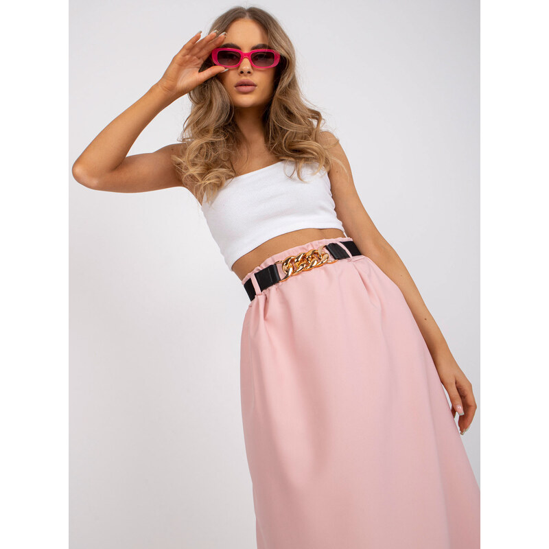 Fashionhunters Světle růžová trapézová midi sukně s kapsami