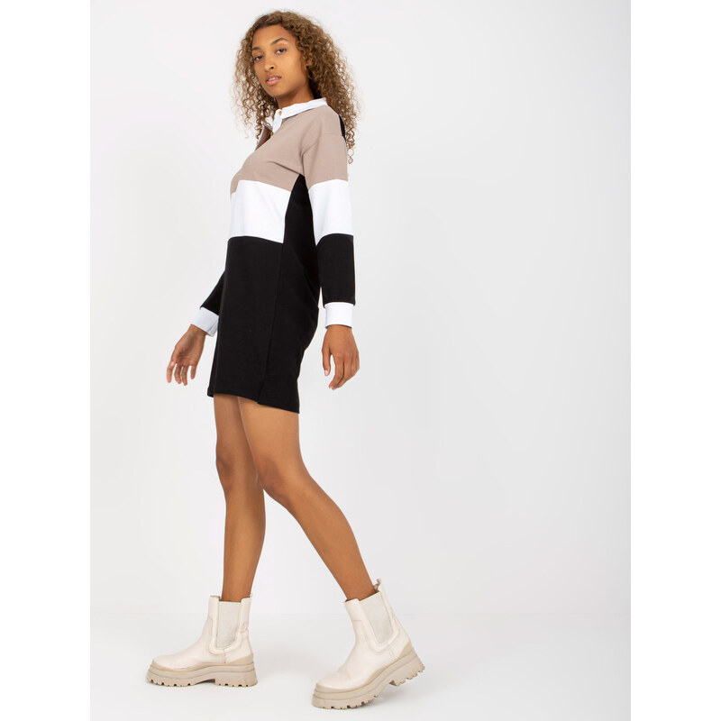 Fashionhunters Béžové a černé jednoduché basic šaty z bavlny RUE PARIS