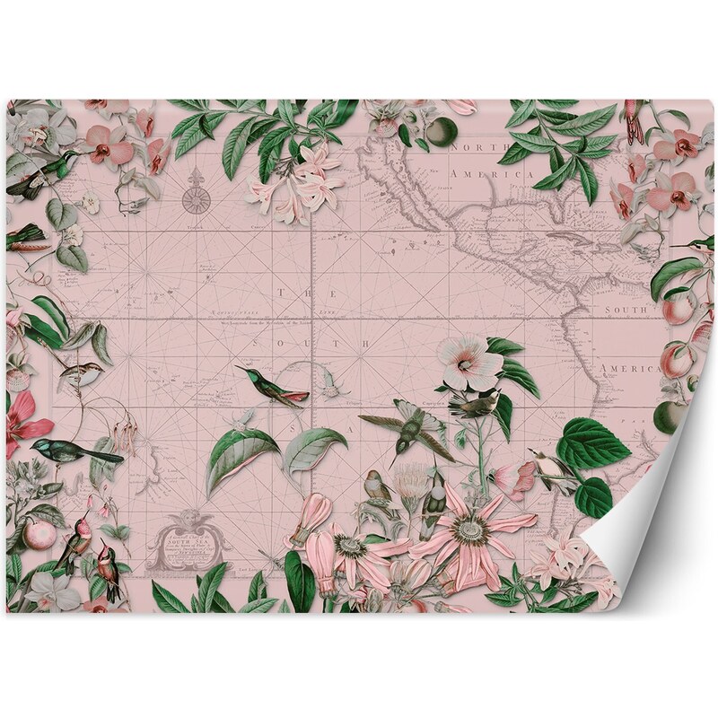 Gario Fototapeta Ptáci kolem kontinentů růžová mapa - Andrea Haase Materiál: Vliesová, Rozměry: 200 x 140 cm