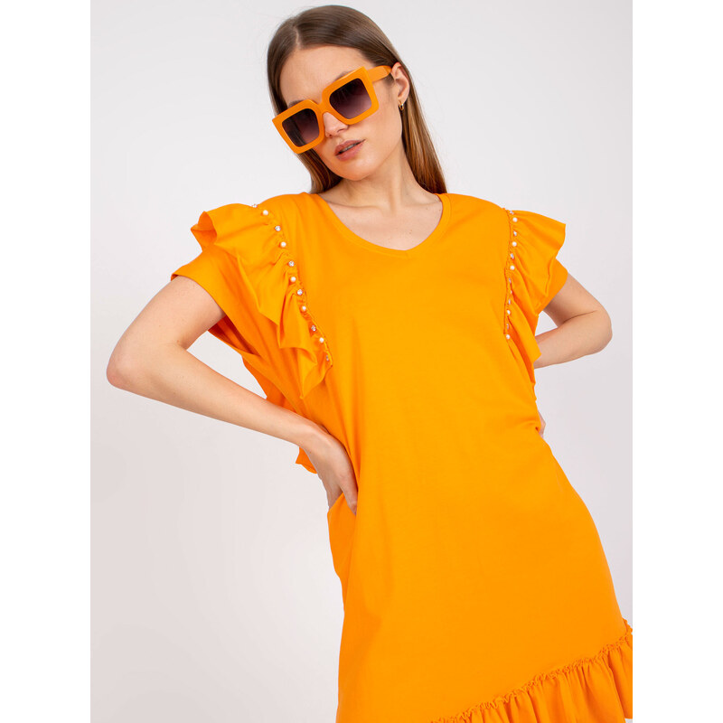 Fashionhunters Oranžové šaty s volánem a aplikacemi na rukávech