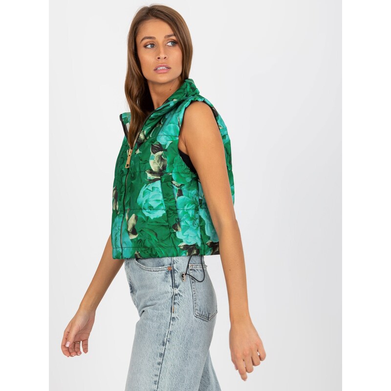 Fashionhunters Zelená krátká vesta s květinami a prošíváním
