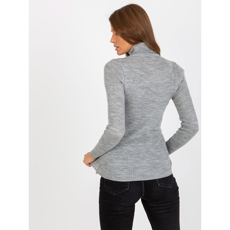 Fashionhunters Dámský šedý pruhovaný svetr s melanžovým rolákem