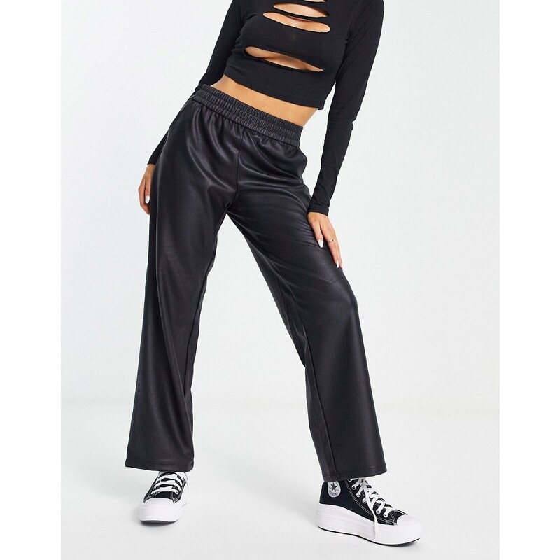 ONLY faux leather elasticated waist straight leg trousers in