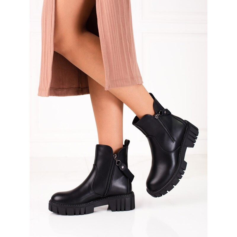 SERGIO LEONE Luxusní kotníčkové boty dámské černé na plochém podpatku