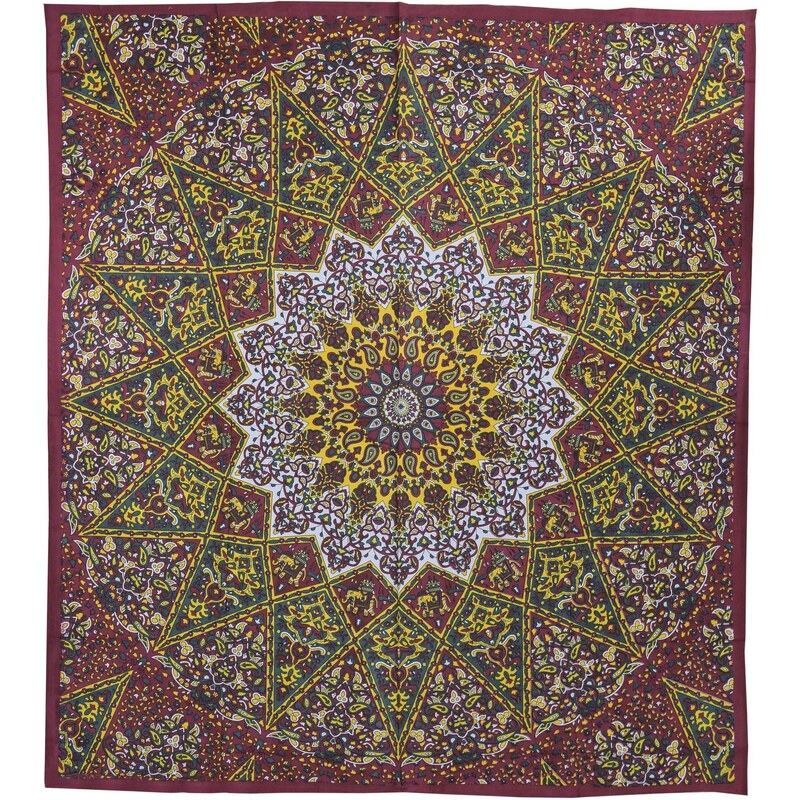 Přehoz na postel, žluto-vínový, Mandala a sloni 220x230cm