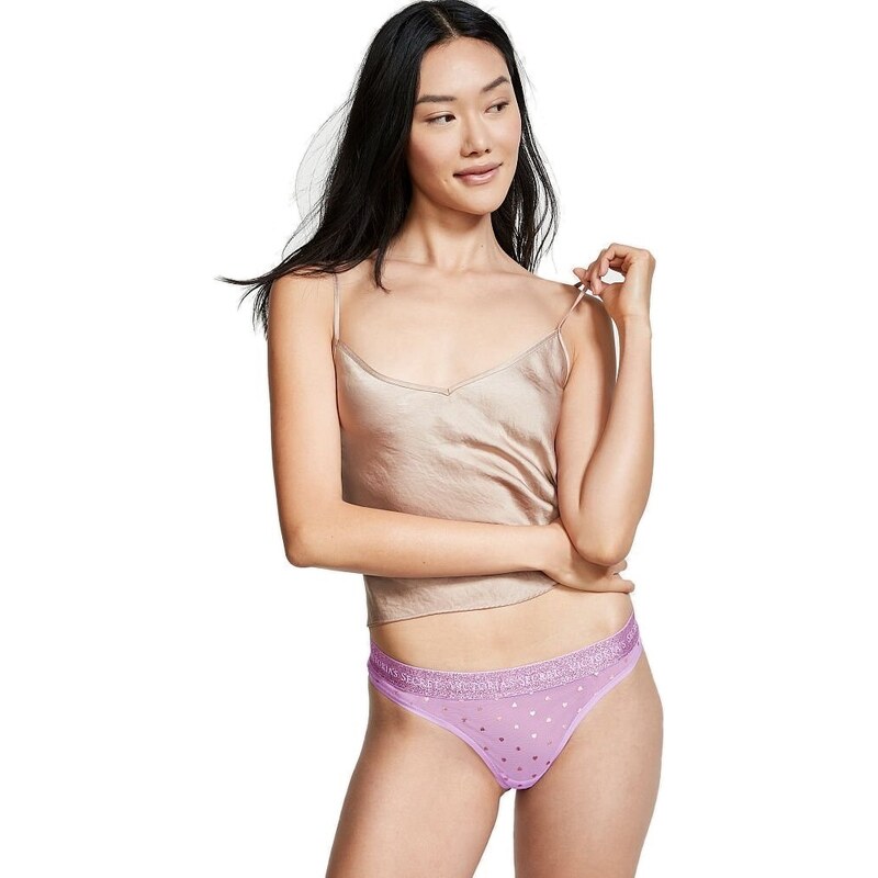 Victorias Secret tanga bavlněné kalhotky Cotton Heartbreaker Orchid Pink